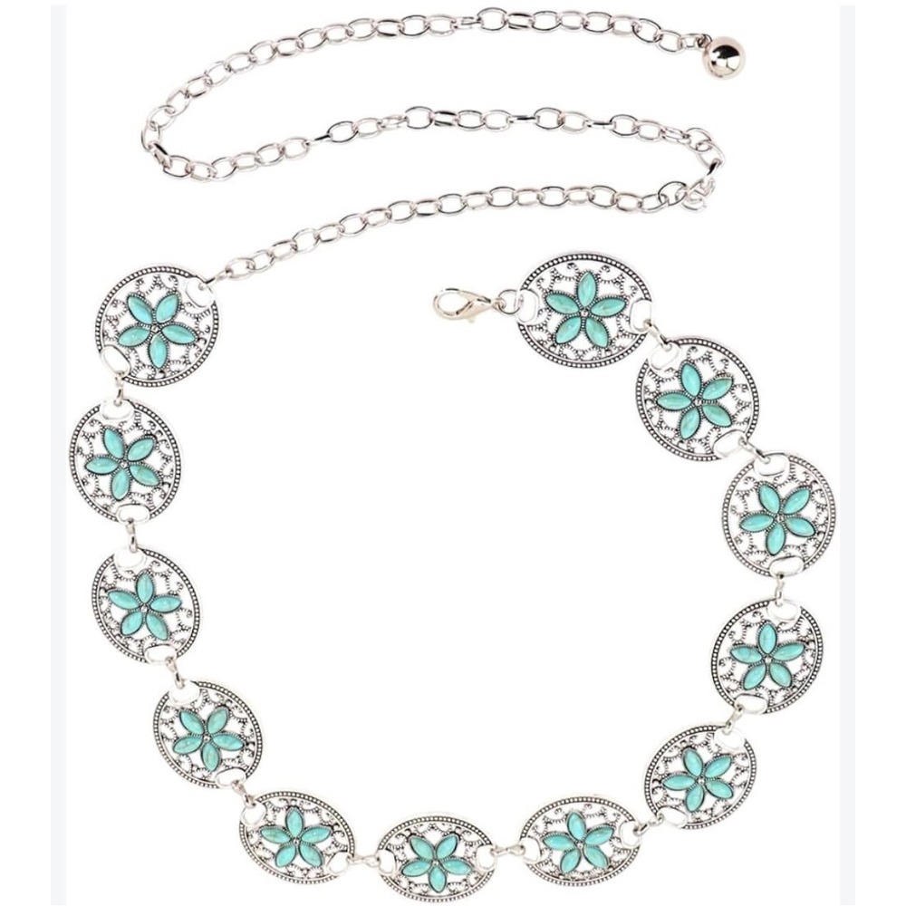 Jennifer & Company Silver Tone Faux Turquoise Flower Medallion Chain Belt NEW